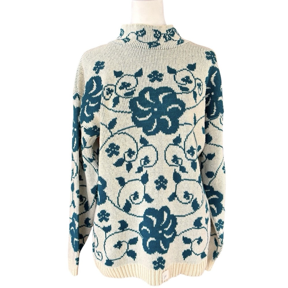 Vintage Cabin Creek Teal Floral Ivy Knit Sweater Women's S Mock Neck Cotton USA
